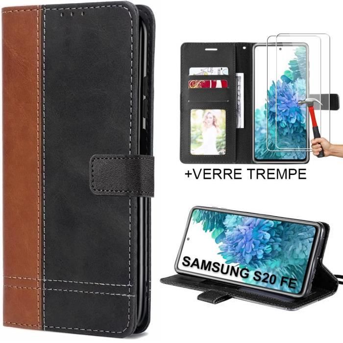 Coque Flip Case avec 2 Verres Trempés pour Samsung S20 FE - Effect Cuir Noir-Marron