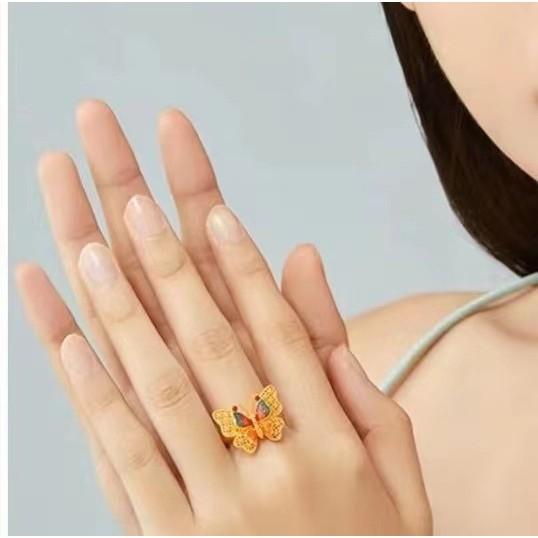 Flower Elegant Silk Enamel Butterfly Ring And Pendant Jewelry Set In Color Golden