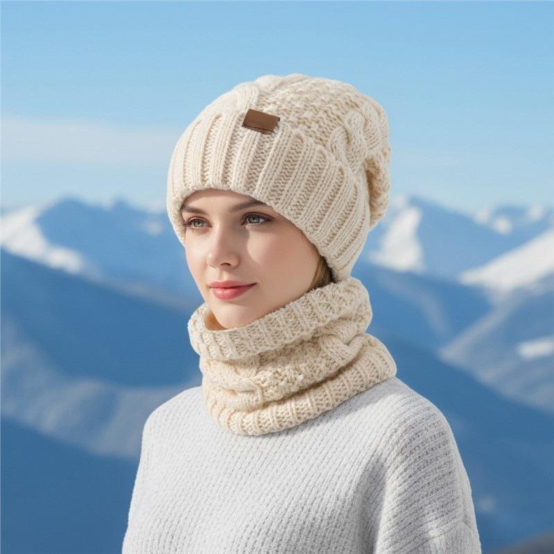 Autumn and winter warm knitted hat scarf set women's ear protectors wool hat outdoor windproof warm headgear solid color versatile