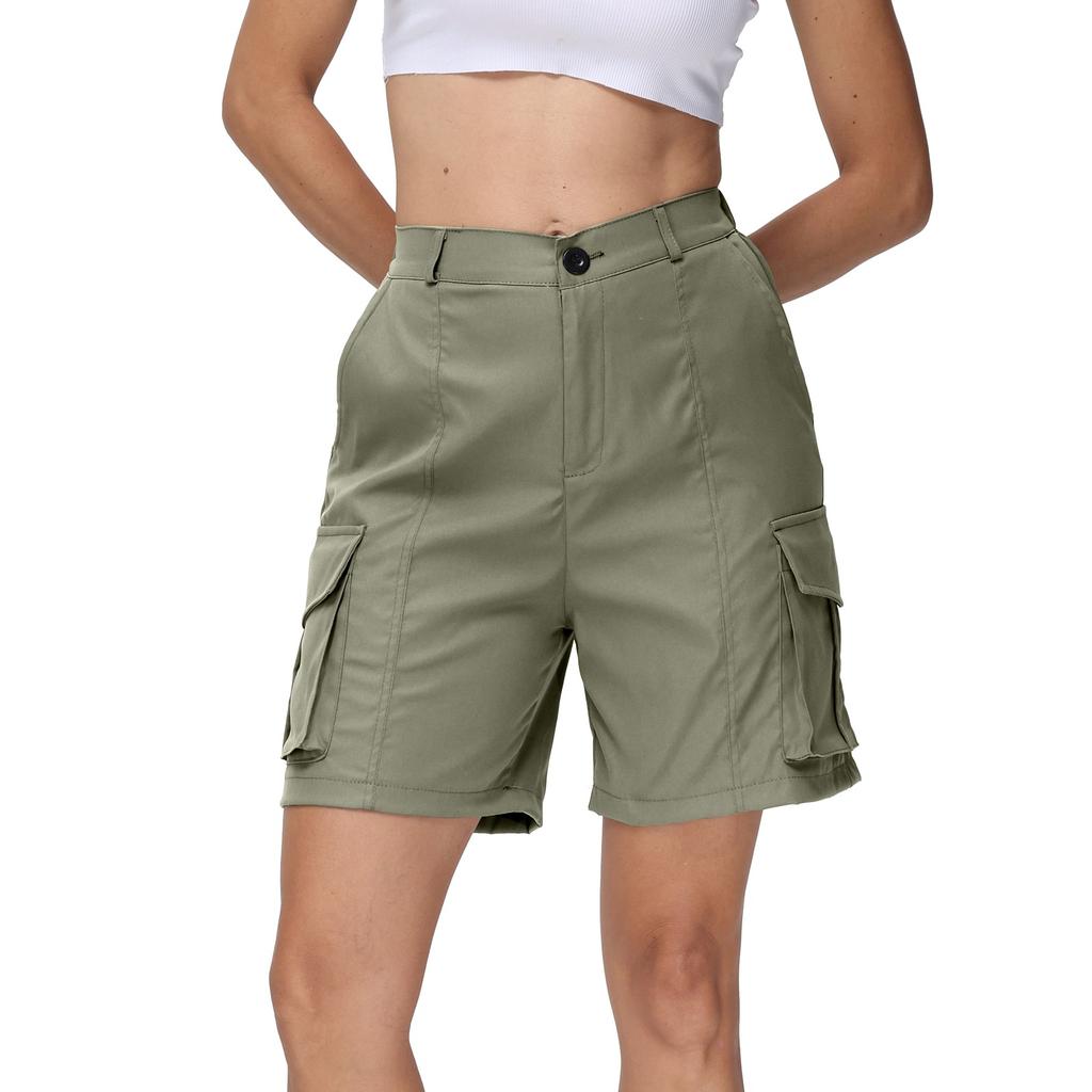 Bermuda Shorts For Women Cargo Shorts Knee Length 6 Pockets Elastic Waist Long Shorts For Summer Casual
