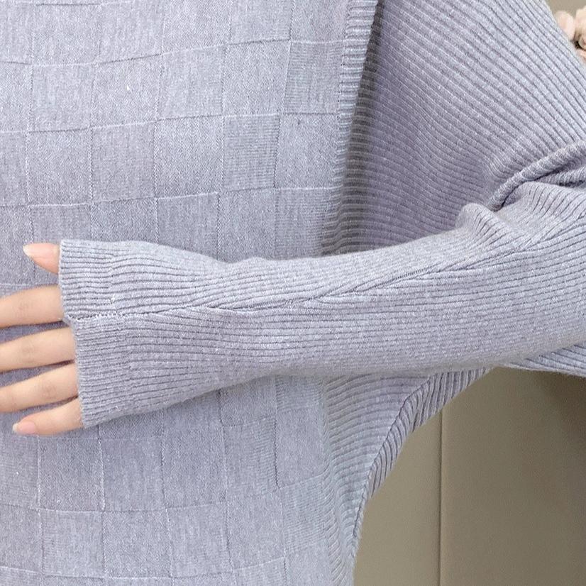Bat-sleeve Knitted Sweater for Women Long-sleeved Loose Plus-sized Sweater Casual Solid-color Pullover for Autumn and Winter