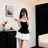 Sweet Girly Black and White Color Blocked Pleated Mini Dress with Heart Neckline  Ladies' Spaghetti Strap Ruffle Waist Fitting Party Club Short Dress