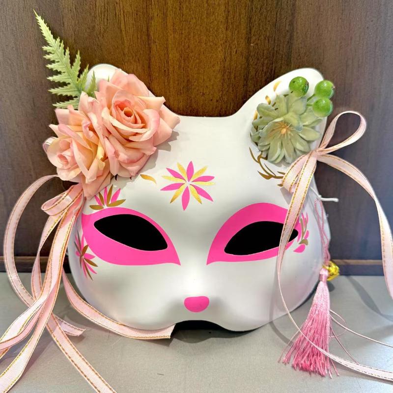 Anime Demon Fox Mask Hand-Painted Japanese Mask Half Face Flower Mask Masquerade Festival Ball Kabuki Kitsune Masks Cosplay Prop