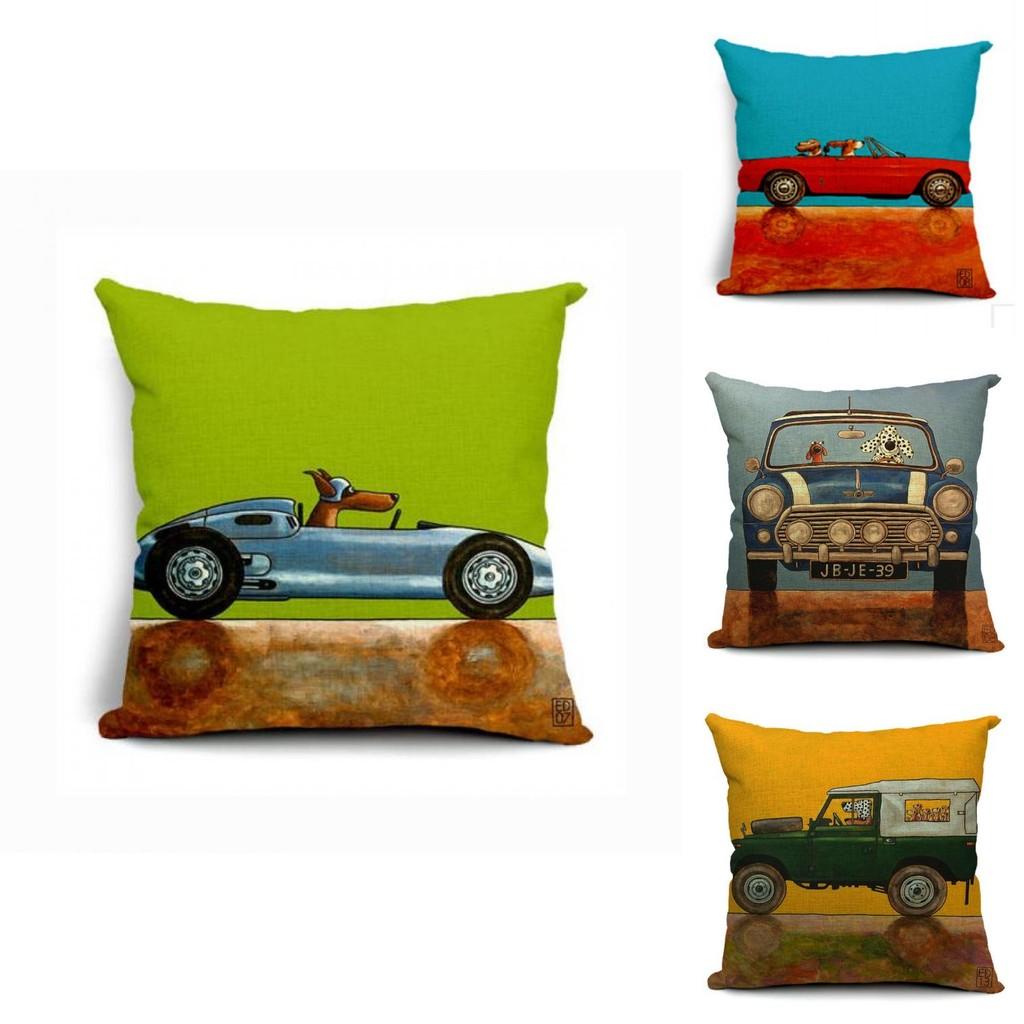 Vintage Car Dog Print Pillow Case In Beautiful Cotton Linen For Stylish Home Decor