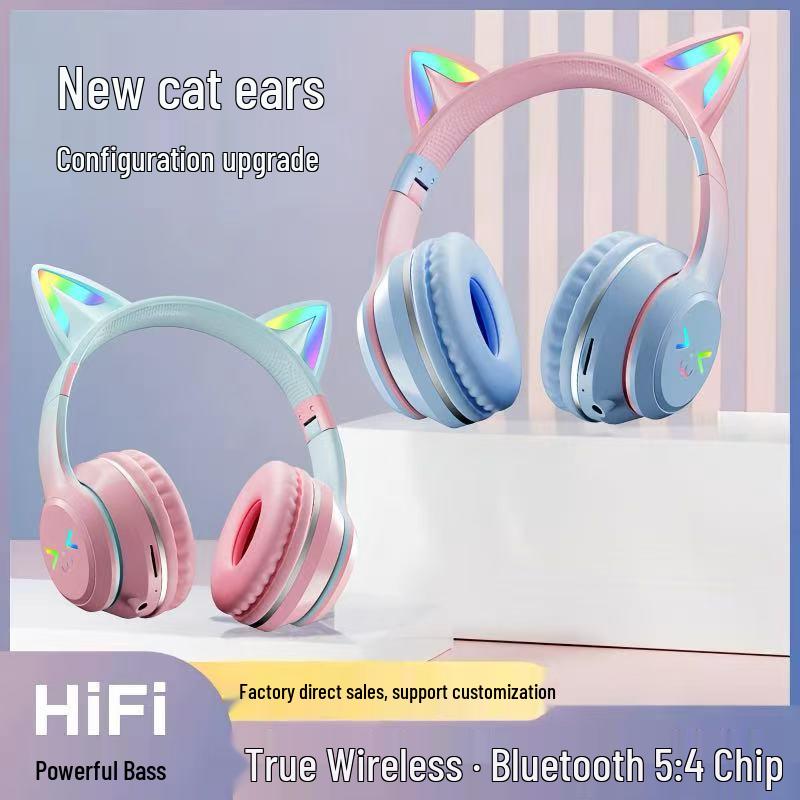 Cat Ear Luminous Foldable Bluetooth Headset with Long Battery Life for Gaming and Sports