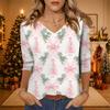 Women's Christmas Print V-Neck Three-Quarter Sleeve Loose Fit Casual Shirt for Everyday Wear
