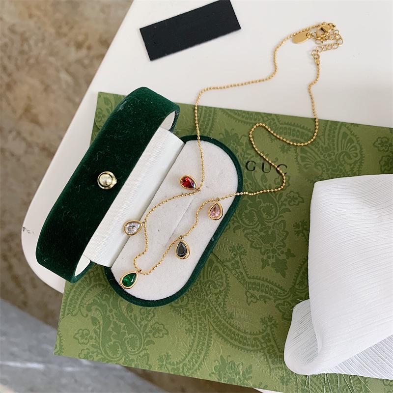 European & American Style Colorful Zircon Water Drop Pendant Necklace, Women's Clavicle Chain, 18K Gold Plated Titanium Steel