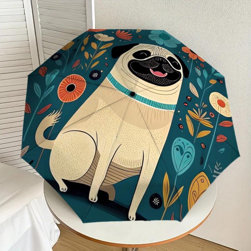 

1pc Pug with Flowers Umbrella with Plastic Handle,Suitable for All Seasons Home Travel Outdoor UmbrellaDD020