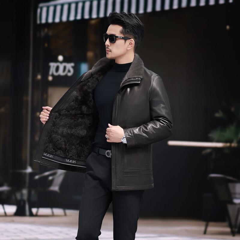 KAISER Men's Goatskin Leather Jacket with Mink Fur Collar