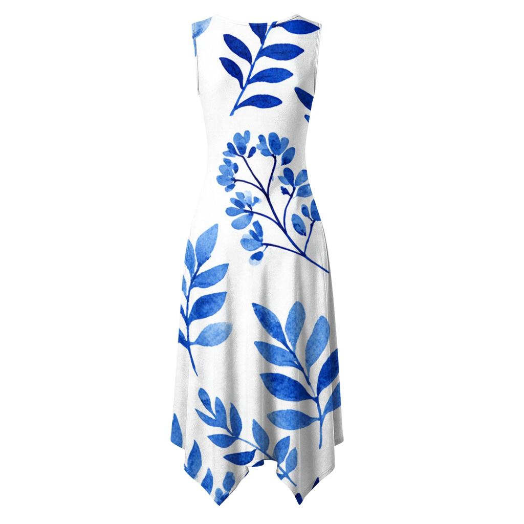 Women's Casual Sleeveless Floral Print Dress Round Neck Irregular Hem Mid-Length Dress Lightweight Summer Dress