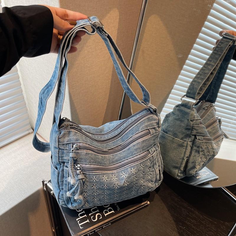 Damen Vintage Denim Schultertasche Lässige Crossbody Weich Mittlere Größe Reise Geldbörse in Schwarz Blau Marine