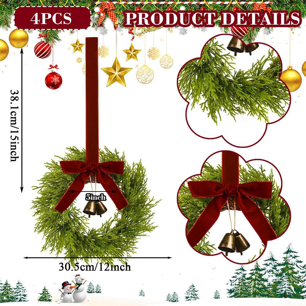 

4Pcs/set Artificial Christmas Pine and Bell Wreath With Red Bow And Vintage Bells Rustic Home Party Interior Decorations