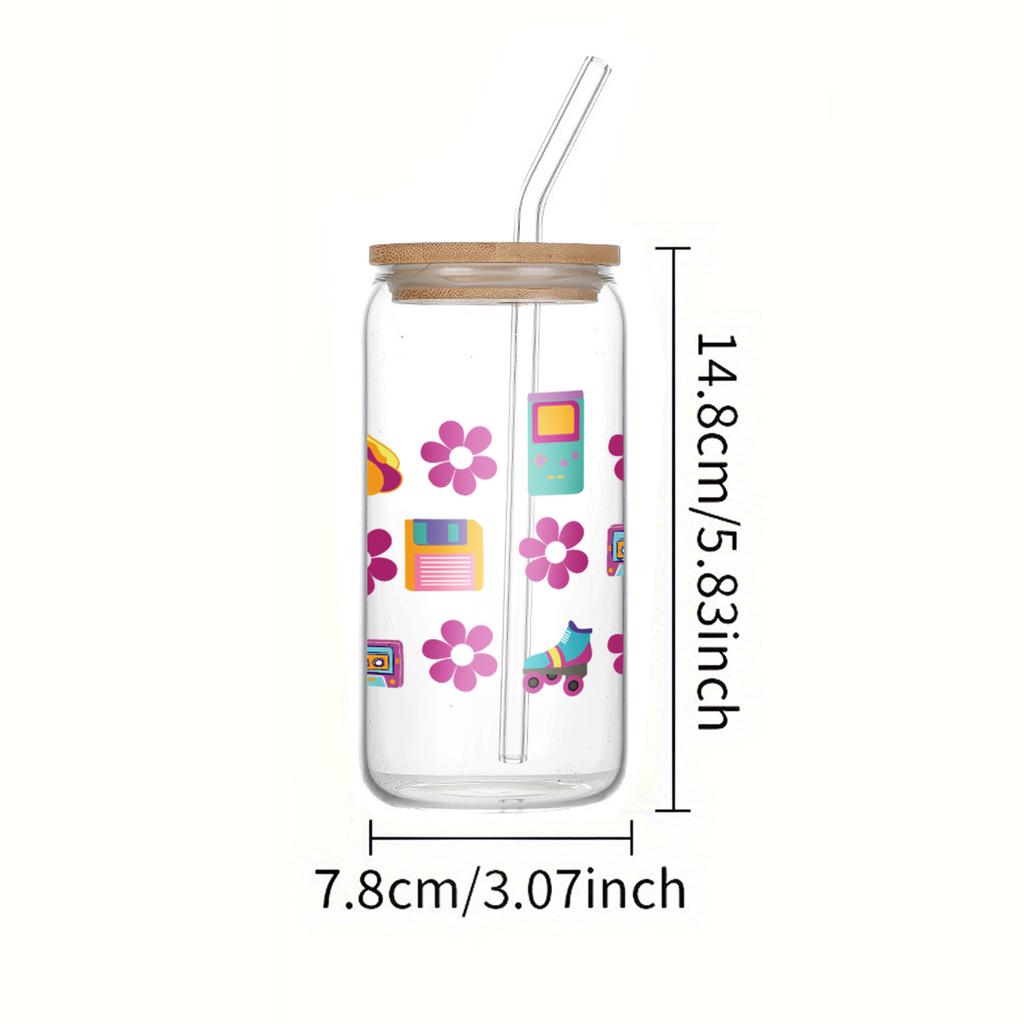 16oz Pink Purple Flower Pattern Clear High Borosilicate Drinking Glass Can With Lid And Straw Juice Coffee Bottles Summer Gift