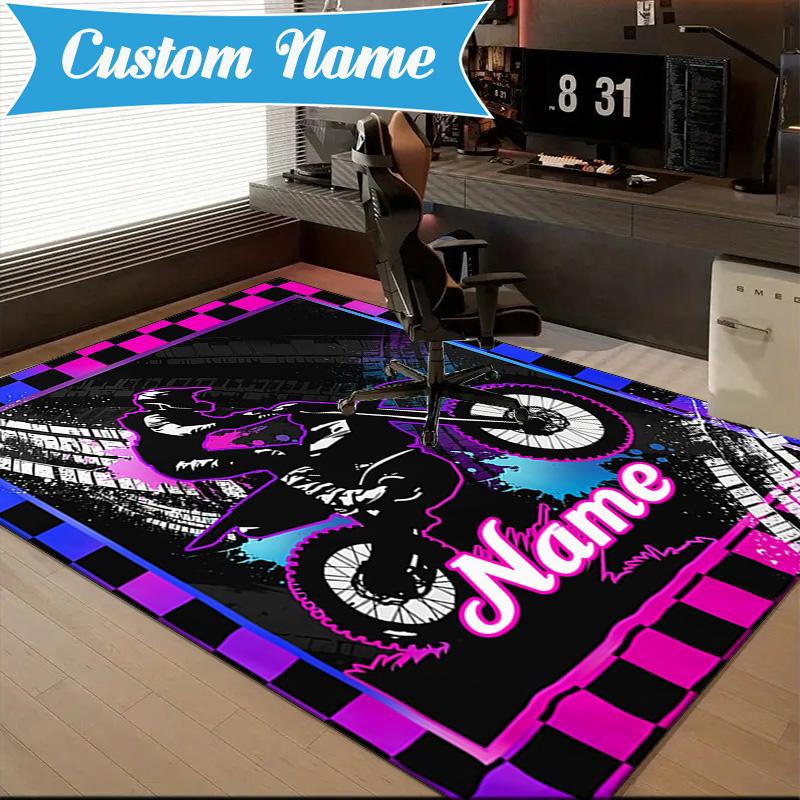 Custom Name Sport Bike Rug for Living Room, Game Rooms, Office, Bedroom, Floor Mat Playful Design, fan gifts Christmas decor