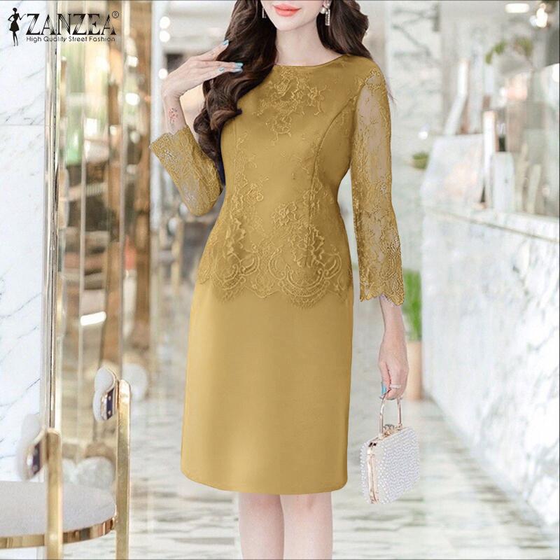 ZANZEA Kobiety Casual Koronkowa Rękaw 3/4 Letnia Sukienka Ołówkowa Patchworkowa