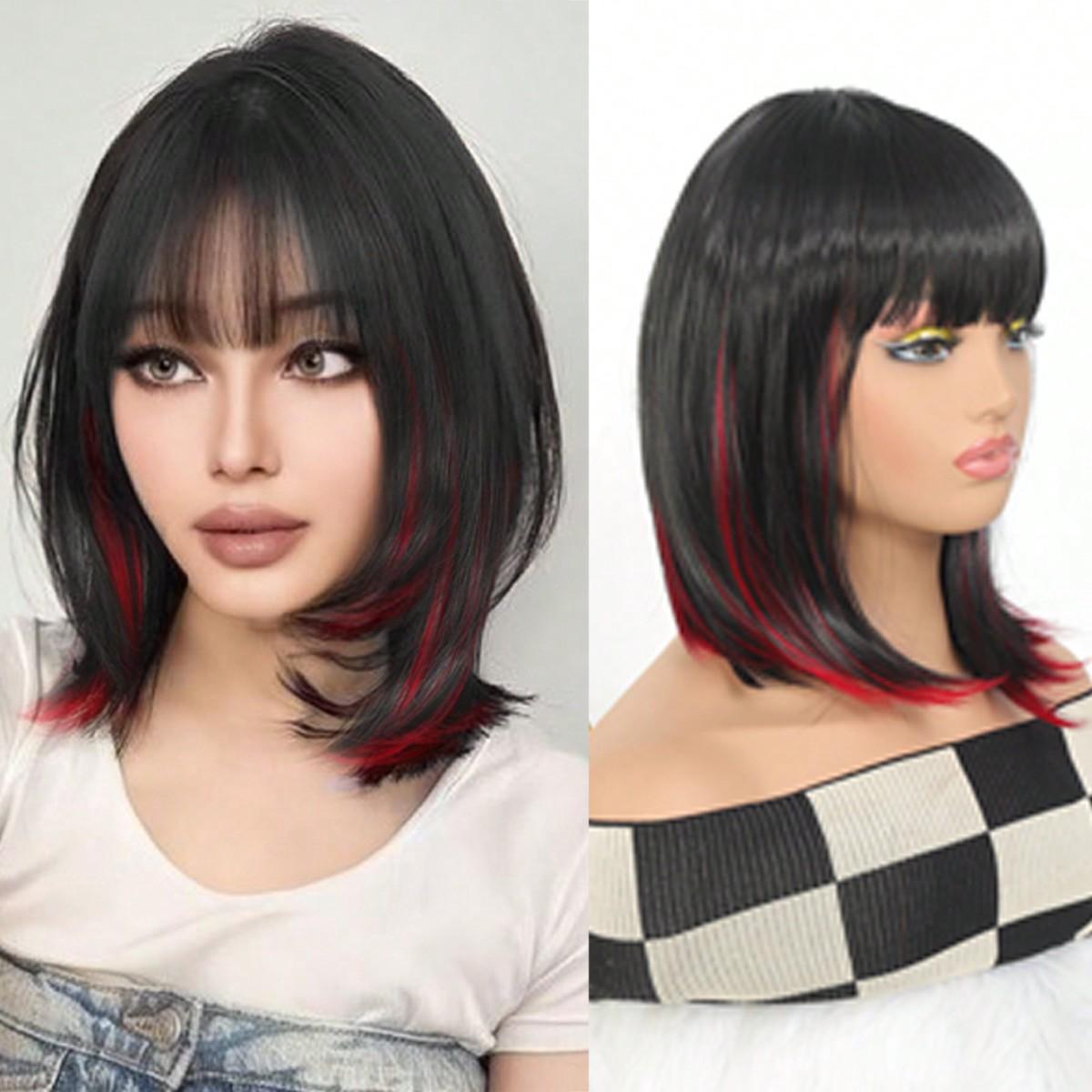 

Короткий прямой боб, черные, винно-красные, розовые волосы для чернокожих женщин, многослойный натуральный волос до плеч, синтетический термостойкий парик 14inch
