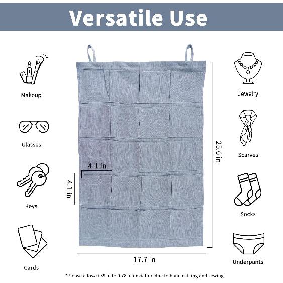 100% Linen Hanging Storage Bag with 20 Pockets, Wall Hang Over The Door Closet Organizer for Socks Underpants, Blue