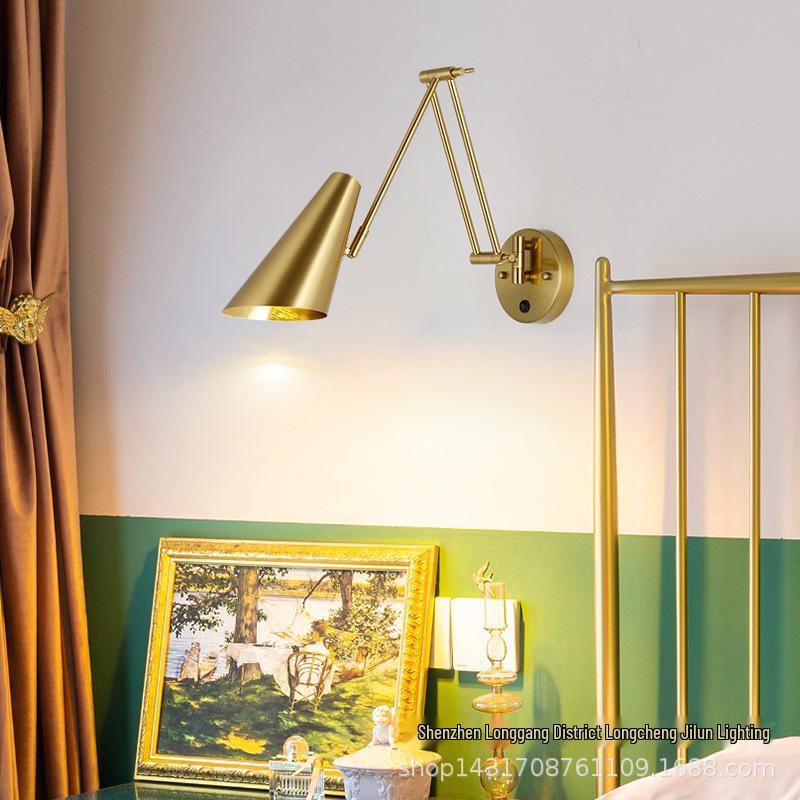 Nordic Luxury Swing Arm Bedside Wall Lamp with Folding Retractable Reading Light and Switch