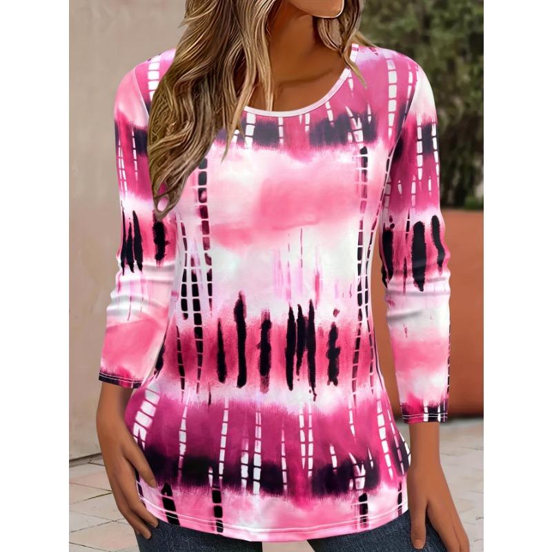 Lebendiges, durchgehendes T-Shirt mit langen Ärmeln und Rundhalsausschnitt und 3D-Druck – Lässige Frühlings- und Herbstkleidung für Damen, bequemer Pullover mit entspannter Passform