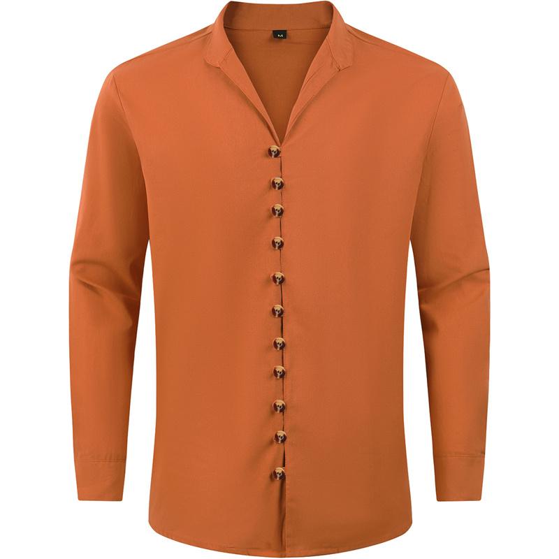 Men Stand Collar Button Up White Black Blue Solid Long Sleeve Shirt Vintage Cotton Plus Size Tops