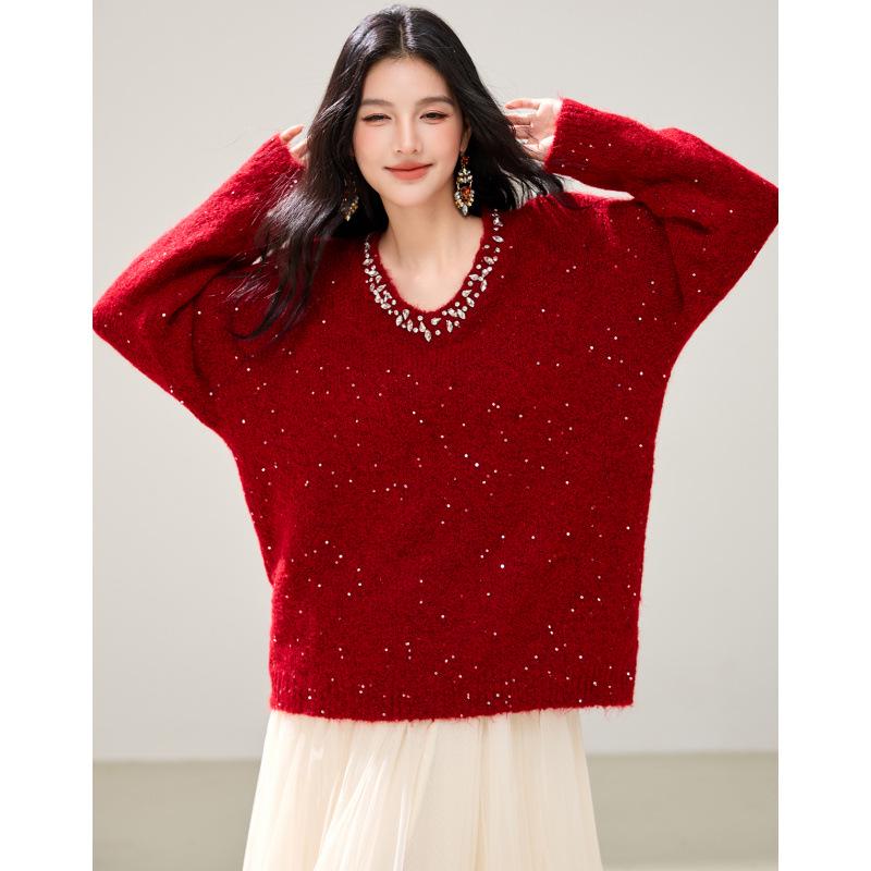 Women's Red Knitted Sweater - New Year's 2026 Long Sleeve Base Layer