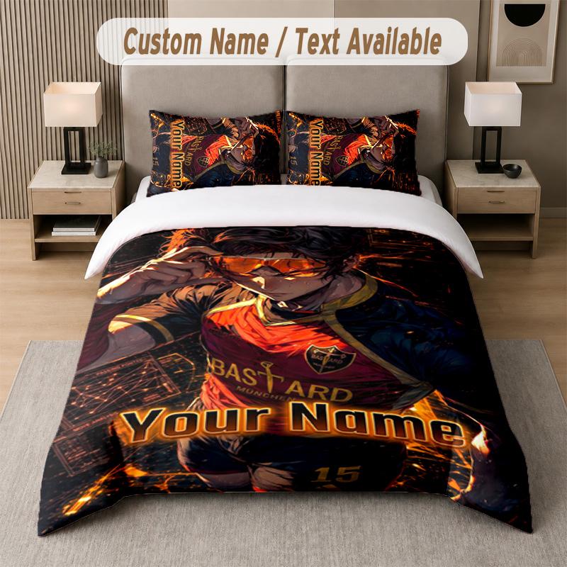 Blue Lock 3Pcs Bedding Set, Personalized Custom Name Text, 1 Duvet Cover & 2 Pillowcases For Bedroom