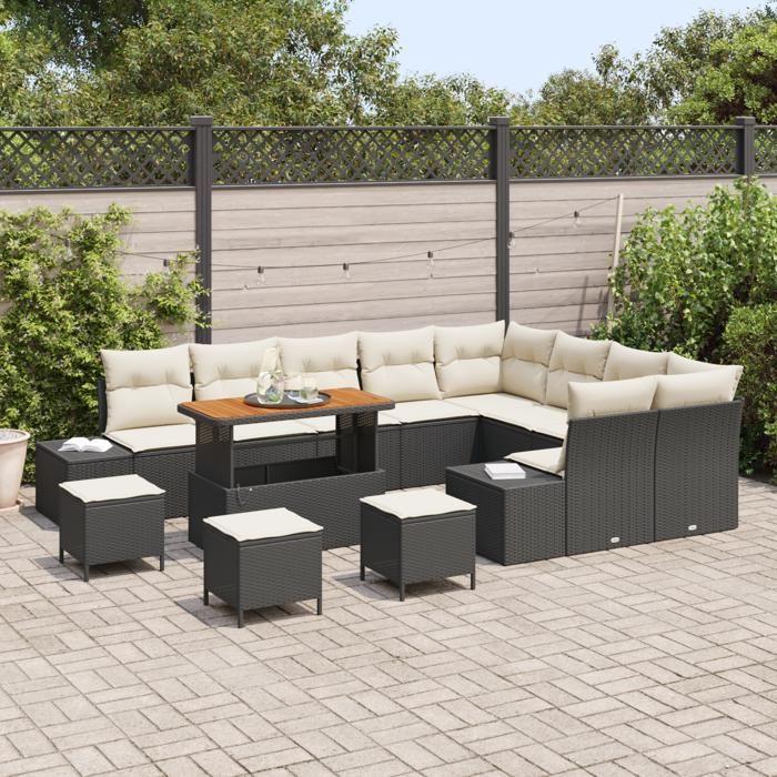 Ensemble de Canapés de Jardin 13 Pièces avec Coussins Noir Poly Rattan Acacia, Ensemble de salle à manger jardin Pièces 3362830