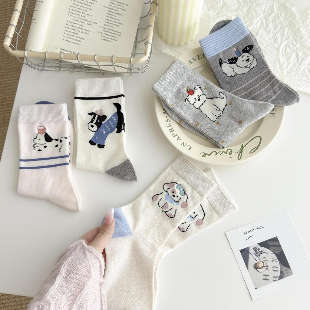 Kawaii 2026 Women's Mid-Calf Cartoon Puppy Cotton Socks - Cute Japanese/Korean Style for Spring/Summer