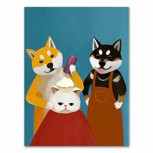 Funny Cartoon Animal Poster Modern Nordic Wall Art Dog Cat Beauty Salon Canvas Painting Cat Playing Guitar Print Home Room Decor