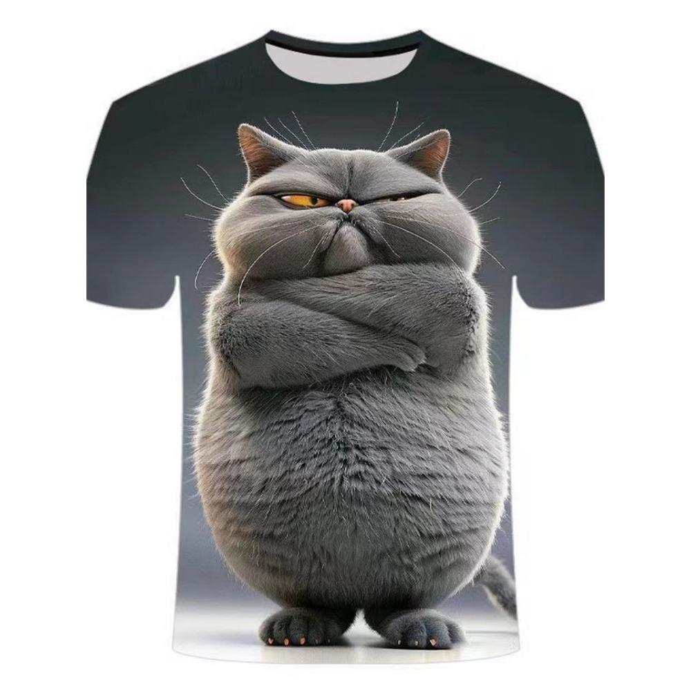 Men's T-shirt with fun cat pattern, 3D animal print, loose summer short sleeve casual round-neck top