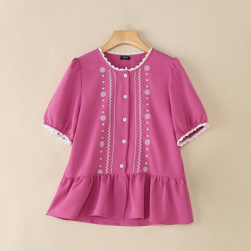 VONDA Wemen Casual Loose Round Neck Half Sleeve Lace Hem Embroidery Blouse