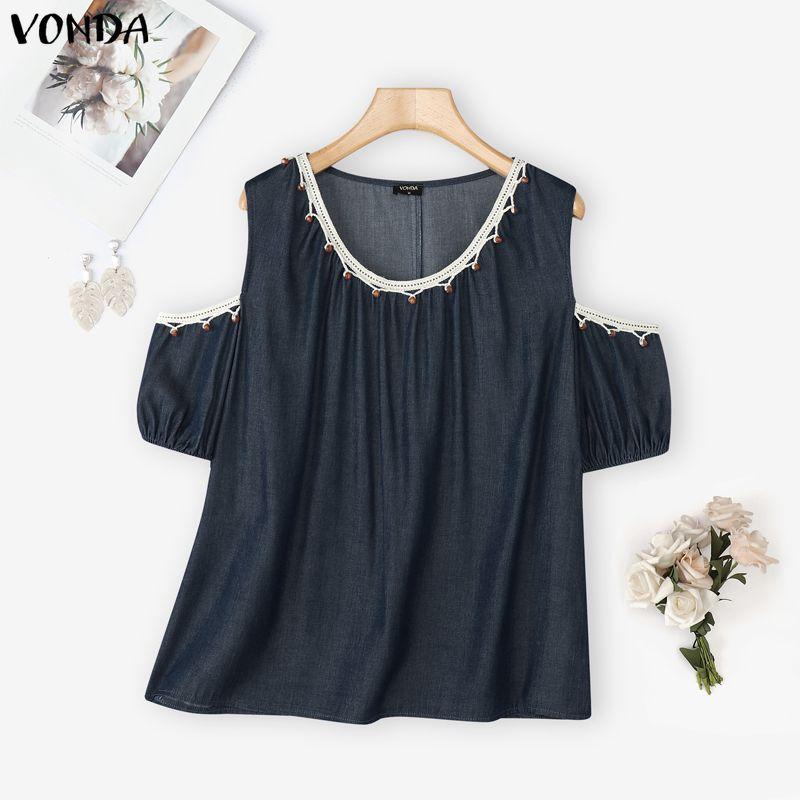 VONDA Summer Women Casual O-neck Cold Shoulder Lace Beading Short Sleeve Blouse