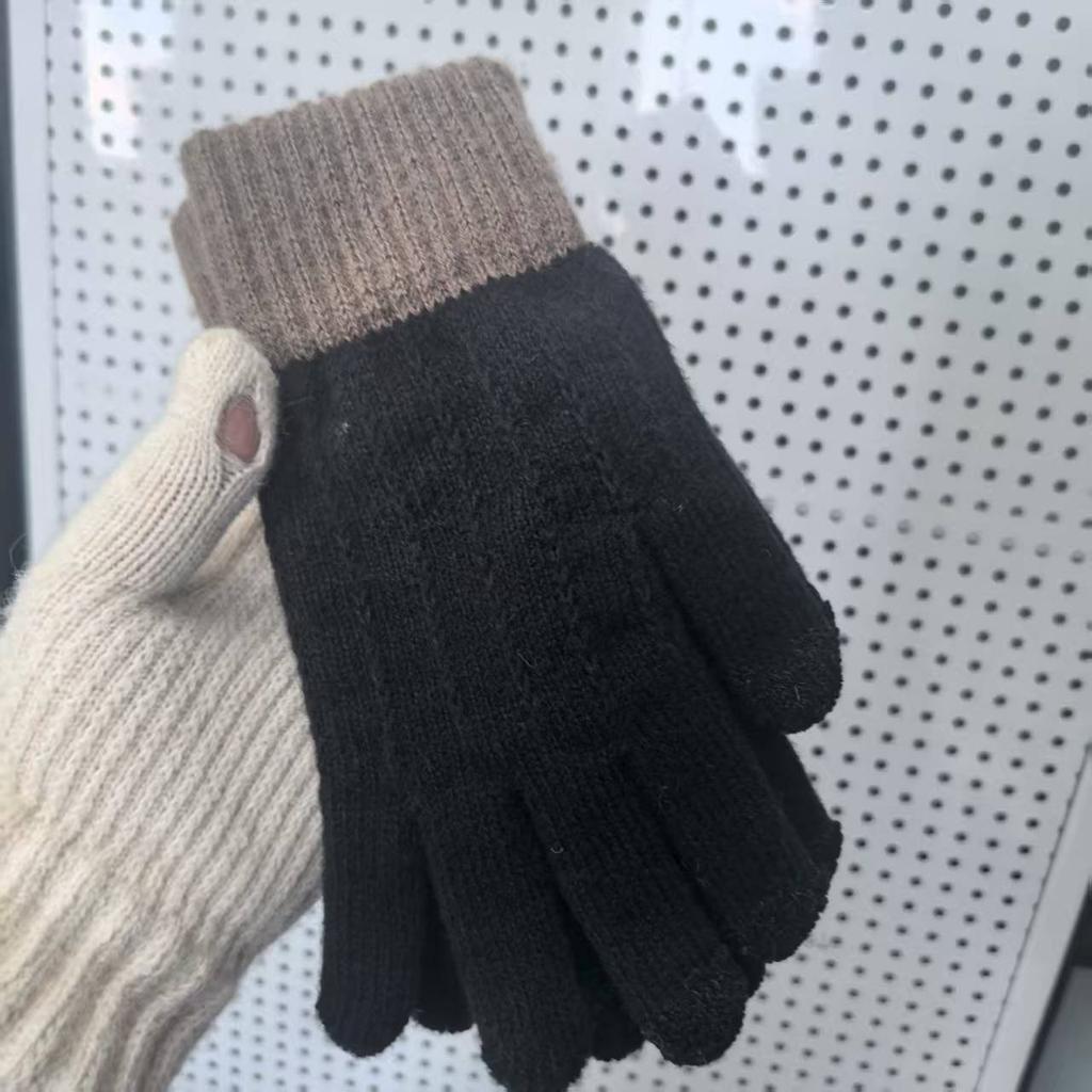 Fleece thickened warm and cold-proof five-finger gloves, riding fleece students winter windproof jacquard knitted gloves