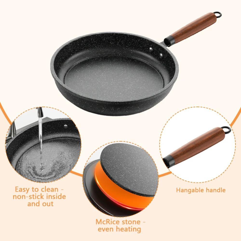 Flat Bottomed Stir Fry Pan Wood Handle Omelette Skillet Cooking Pan Saucepan  Steak