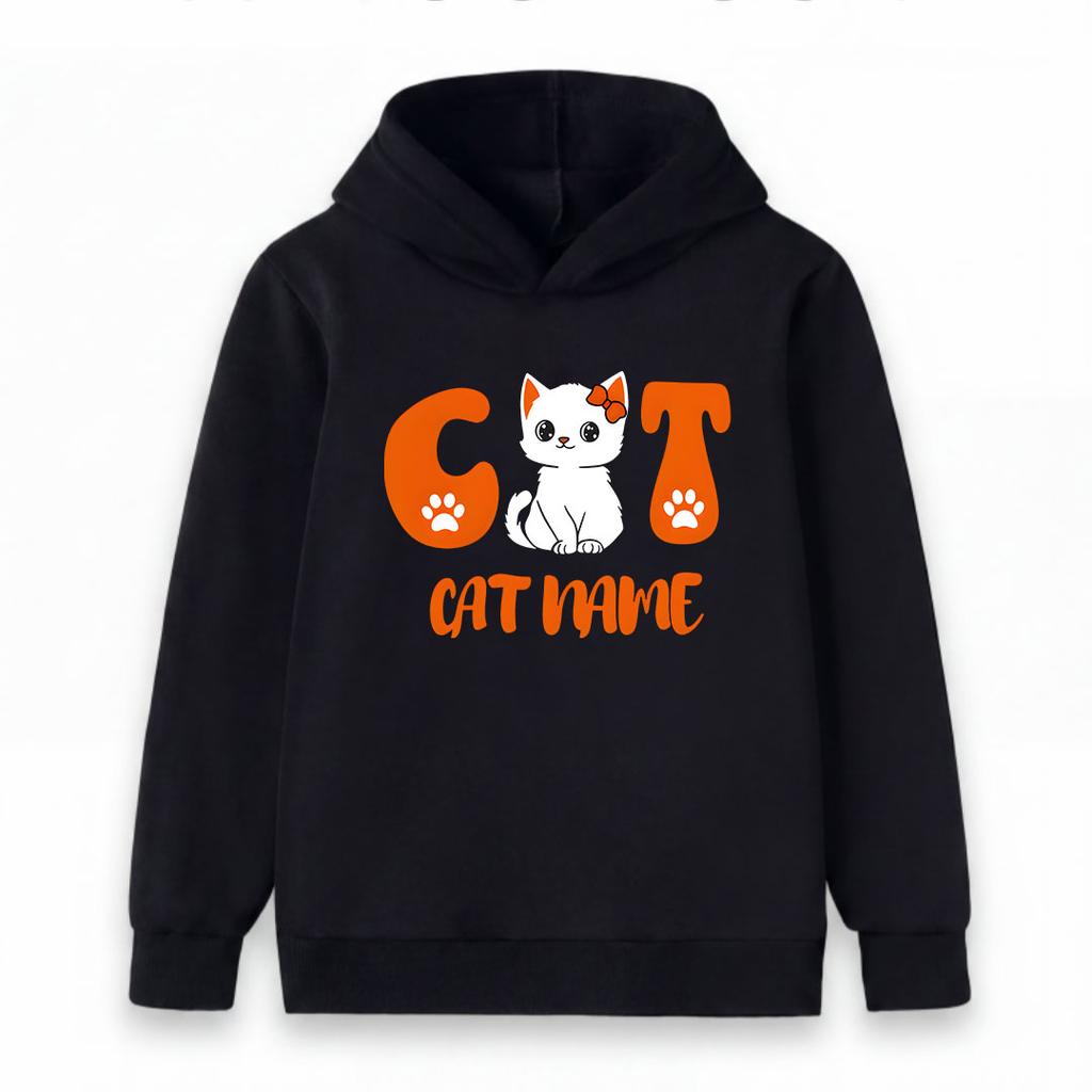 Custom Cute Cat Pattern Hoodie for Boys Girls, Personalized Cat Name Kids Pullover Hooded Sweatshirt, Casual Soft Long Sleeve Tops for Children Cat Lo