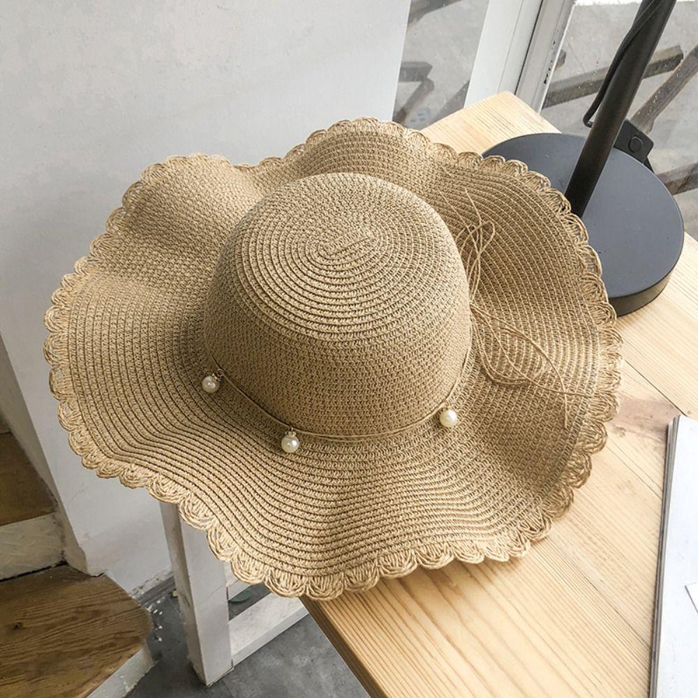 French Style Pearls Strap Straw Hat Wide Brim Women's Sun Hat Ins Folding Straw Hats  Girls