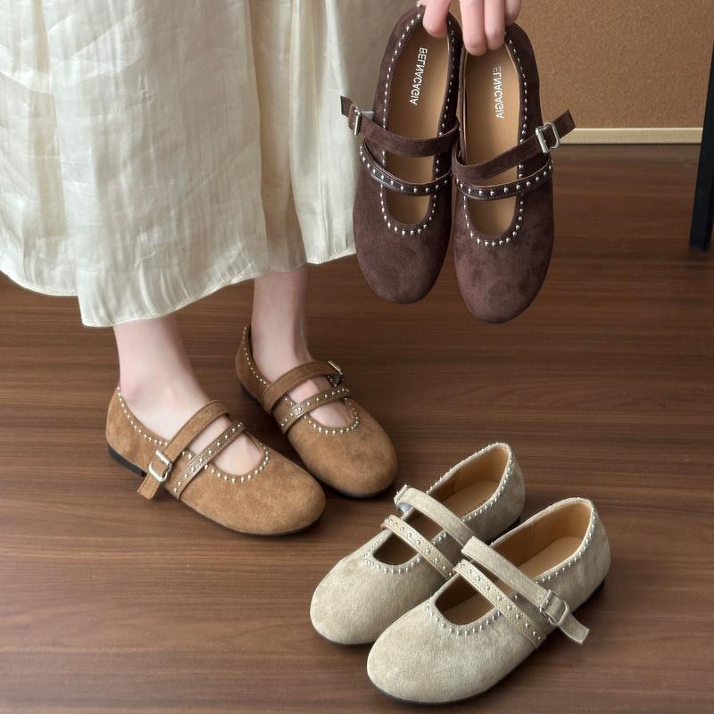 Sheepskin Version~ French Retro Mary Jane Women's Shoes 2025 New Bow Ballet Flat Bottom Rivet Single Shoes Women