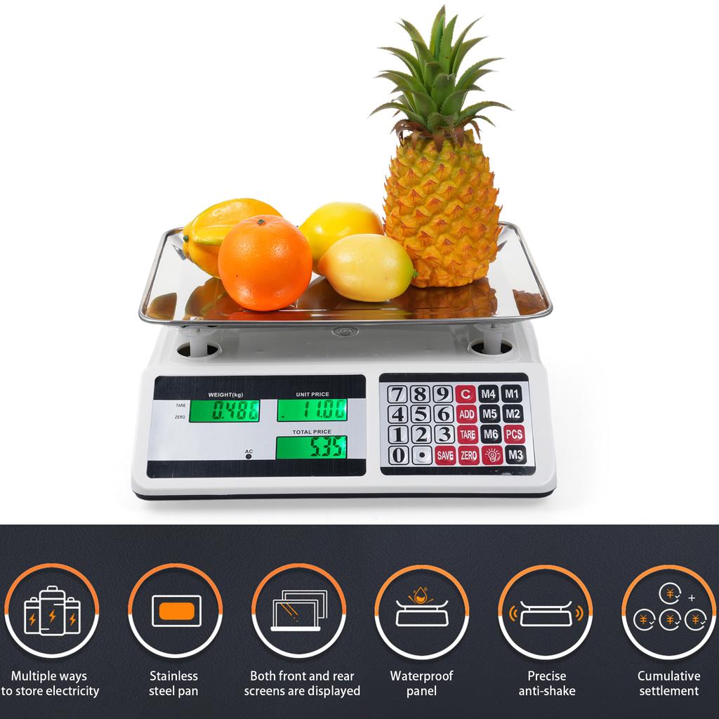 40KG Digital Price Scale Electronic Price Computing Scale with Stainless Steel Large Platform Dual LCD Display Big Button for Fa