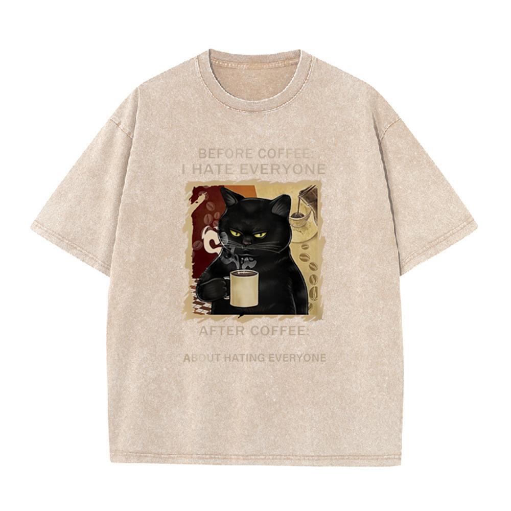 Cats Love To Drink Coffee Print Men Washed Tshirt Casual Loose T Shirts Summer Cotton Streetwear Soft Breathable Short Sleeve