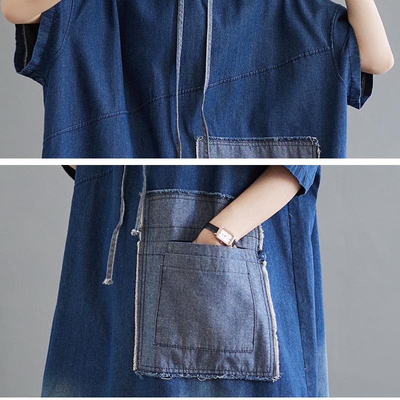 DIMANAF Plus Size 2024 Spring Women Denim Dress Hat Casual Vintage Long Sleeve Loose Oversized Dress Pockets