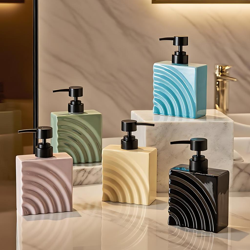 Modern Wave Stripe Ceramic Lotion Bottle Hotel Bathroom Shampoo Shower Gel Dispensing Bottle Square Press Soap Dispenser Bottle