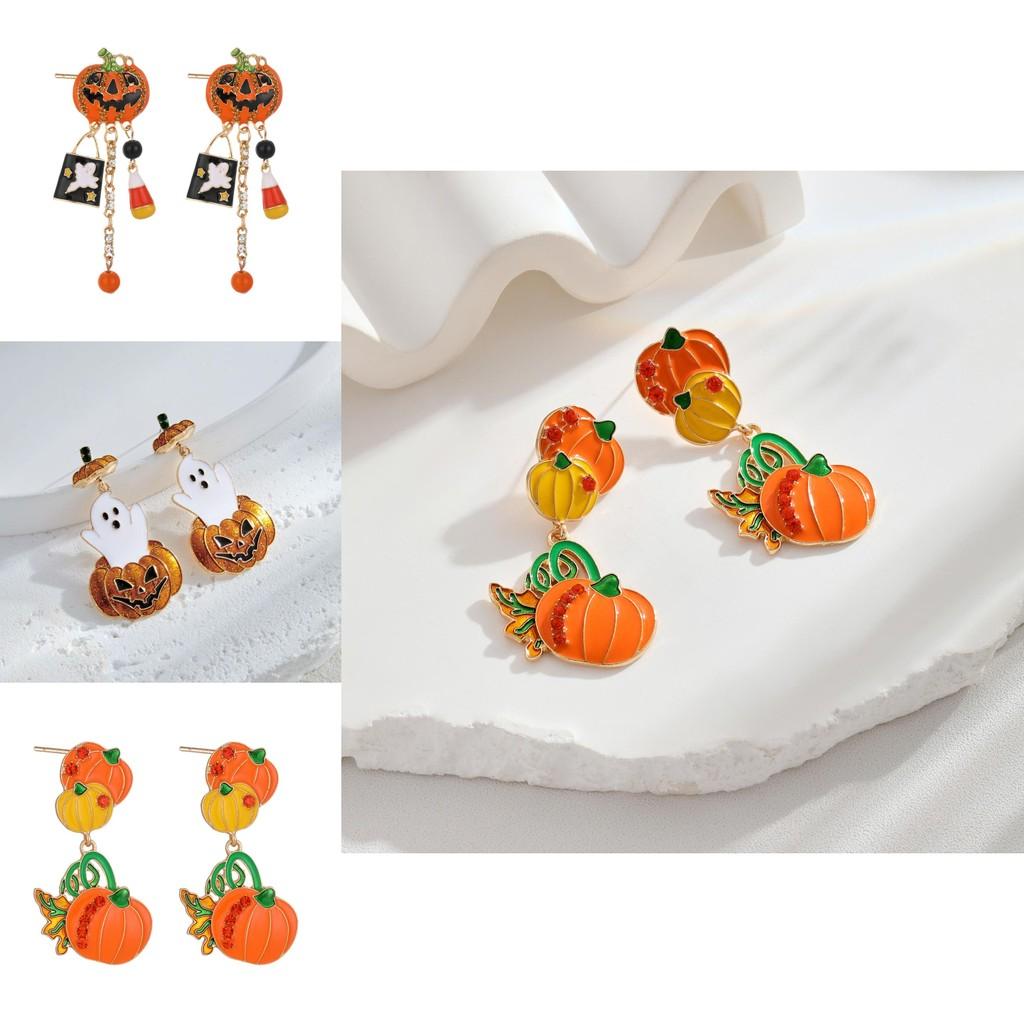 Creative Stylish Halloween Pumpkin Skull Tassel Earrings With Sparkling Zircon Stones For Women