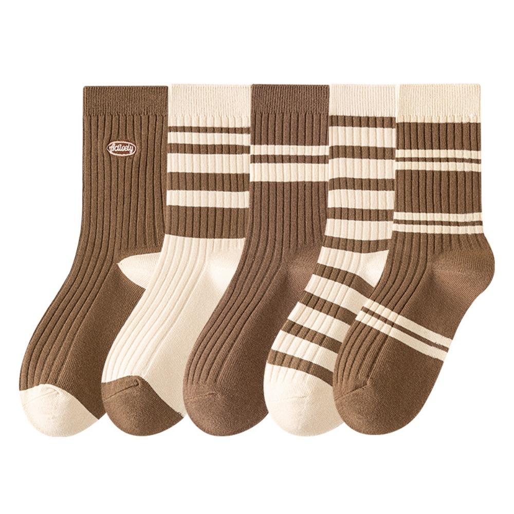 5Pairs Soft Stripe Tube Socks Breathable Mid-calf Socks Women's Cotton Socks  for Four Seasons