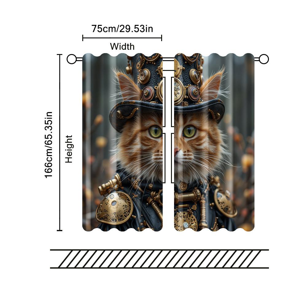 2 Pcs   Filtering Curtains (excluding Rods   Non-movable   Without Batteries) Whimsical Steampunk Kitten for Use In Bedrooms and