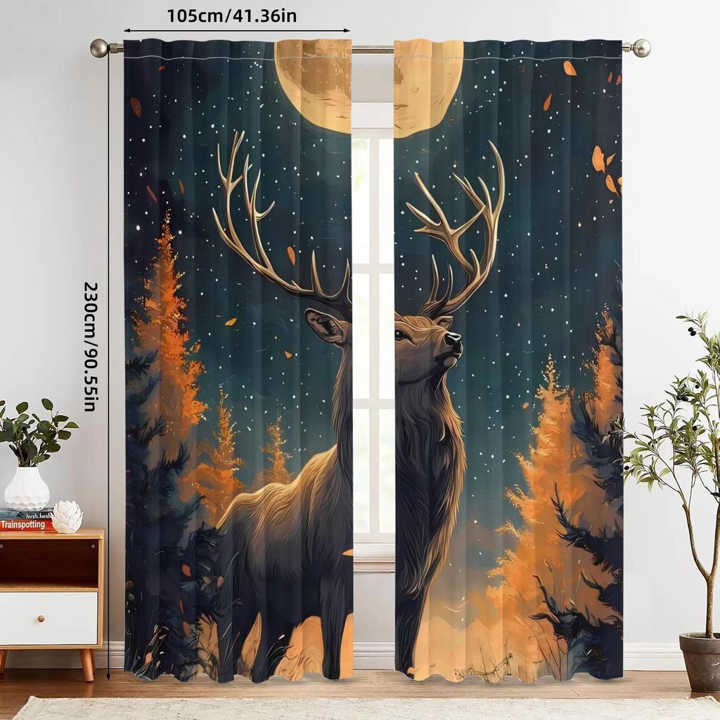 Vintage Deer Curtain Curtains Majestic Starry Night Forest Design Polyester Machine Washabl With Light Blocking