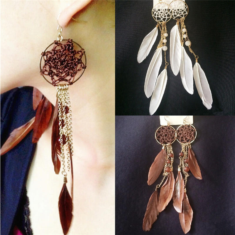 New Bohemia Ethnic Feather Beads Long Design Dream Catcher Earrings For Women