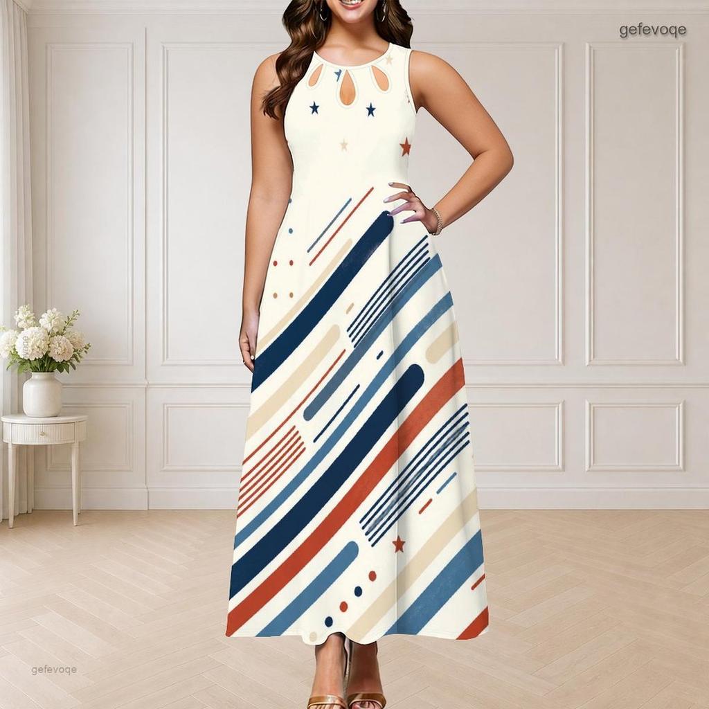 Women Plus Size Round Neck Triple Keyhole Sleeveless Firework Printed Navy Blue Long Dress