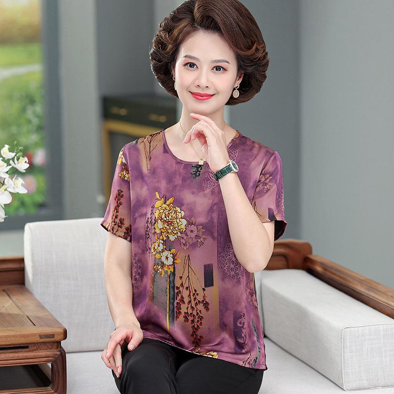 Women's Summer Silk T-shirt Blouse - Loose Short-Sleeve Top for Middle-Aged Mothers