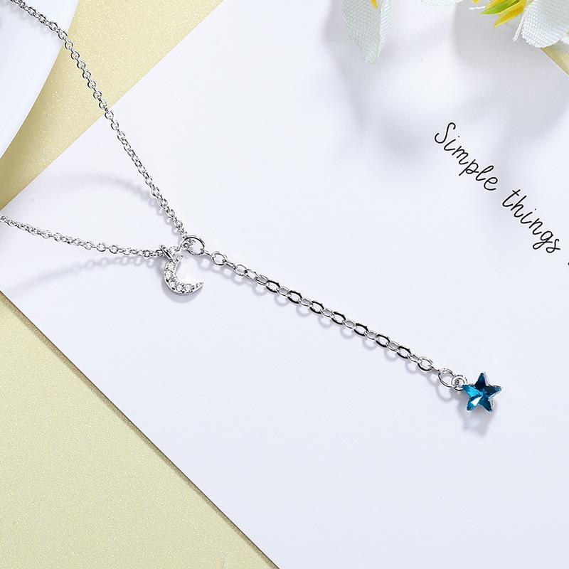 Personality Clavicle Chain Tassel Pendant  Sterling Silver Blue Star Moon Choker Neck Chain Necklace for Women  Kolye