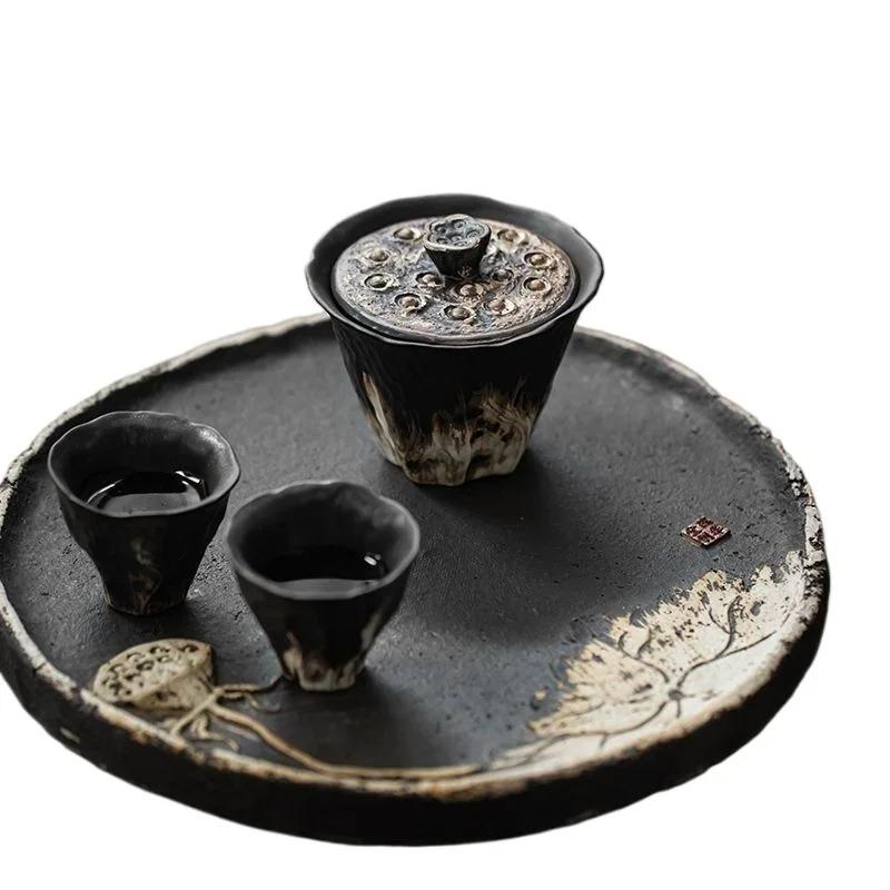 200ml Handmade Embossed Lotus Ceramic Tea TureeWabi Sabi Style Bowl Cover Coarse Ceramic Tea Set Bowl Cover Kung Fu Tea Set Gift